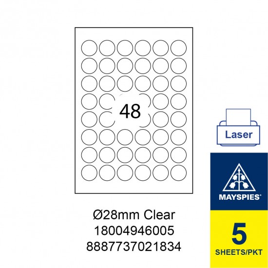 MAYSPIES 18004946005 PREMIUM COLOR LASER LABEL / 5 SHEETS/PKT CLEAR/TRANSPARENT / 28MM ROUND